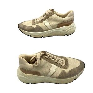 White Raven Women's 6.5 Tennis Shoes Beige Gray Suede Round Toe Lace-Up Sneakers